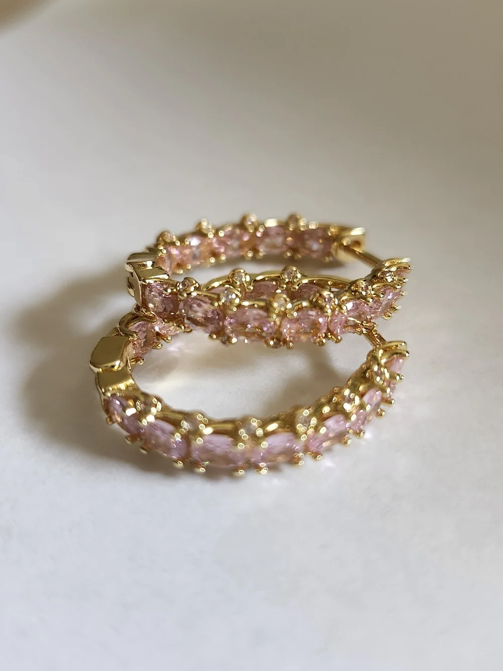 New 18K Gold Plated Double-sided Pink Sapphire Hoop Earrings for Women